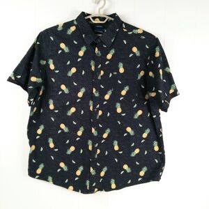 Saddlebred Stretch Poplin Pineapple Hawaiian Button Up Shirt 3X Black Tropical